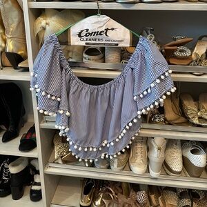 Blue Striped Pom Pom ruffled Crop Top